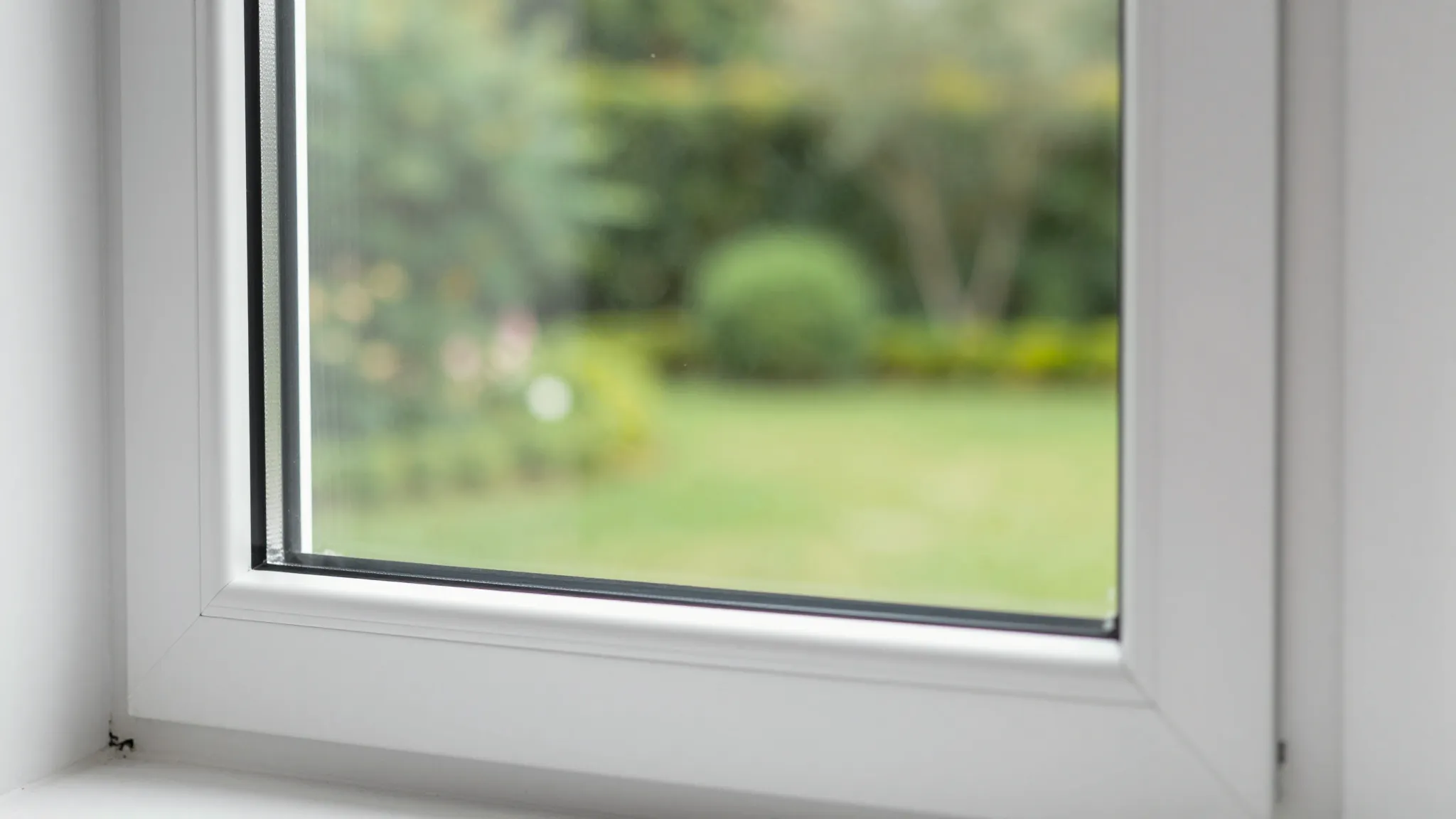 Close-up of a premium white PVC window frame with triple gla...