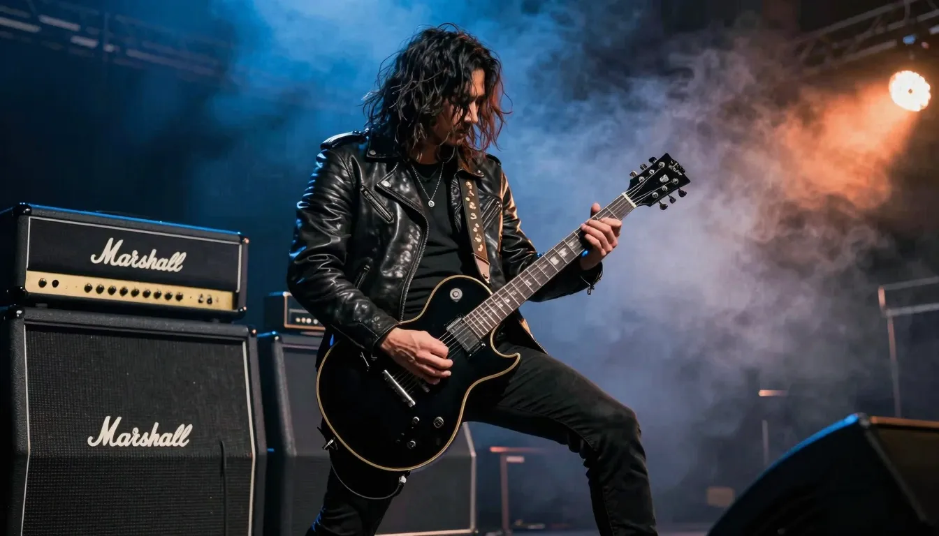A powerful heavy metal concert scene, a wall of Marshall amp...