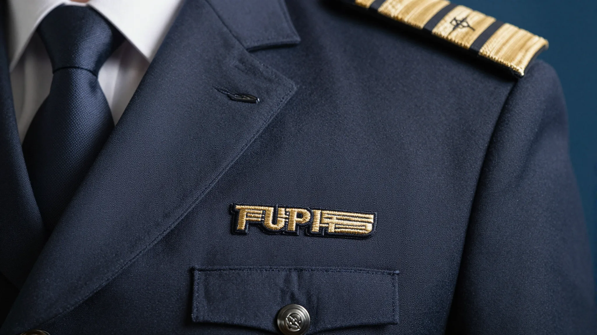 A professional pilot's jacket with specific embroidery detai...