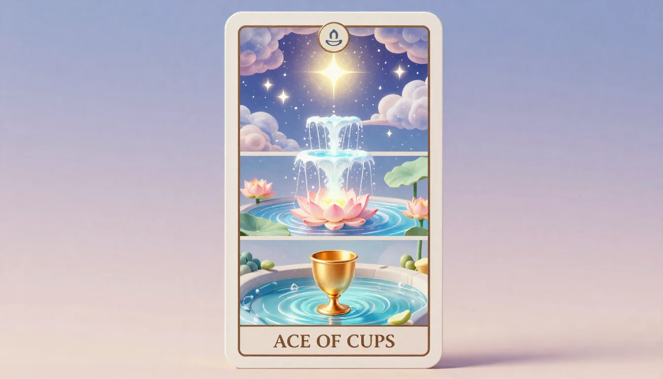 A vertical 3D fantasy Tarot card 'ACE OF CUPS' with rounded ...