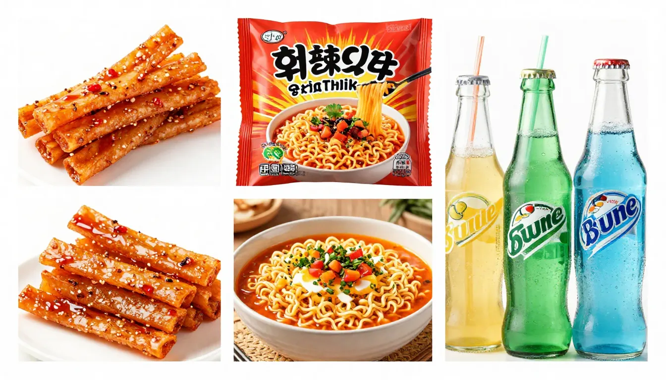 A collage of popular Asian snacks: Chinese spicy strips, Kor...