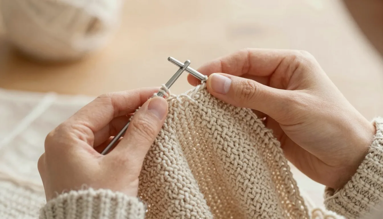 A close-up shot of hands crocheting a cozy cardigan with a h...