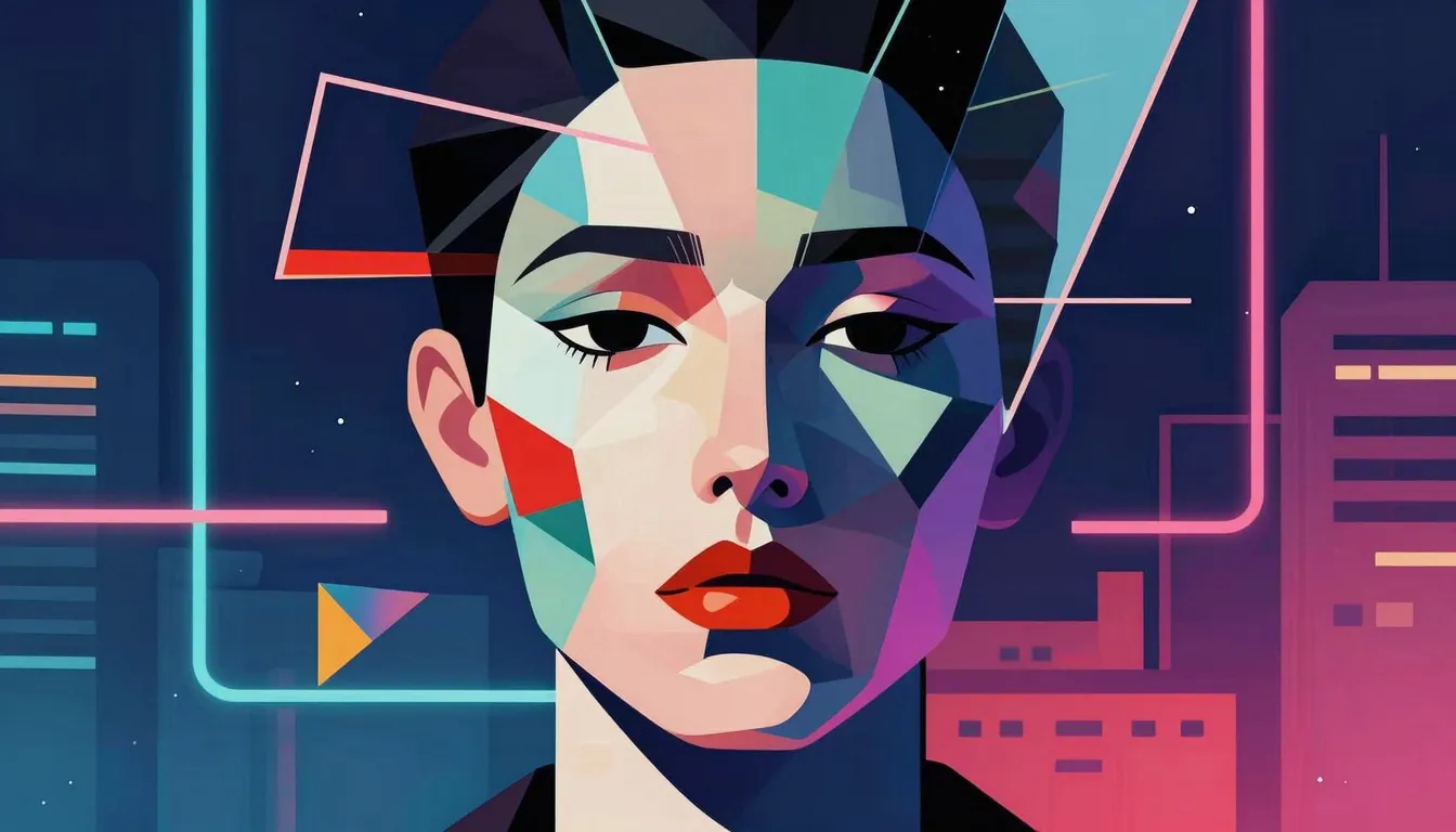 Abstract avant-garde illustration, a face fragmented into ge...