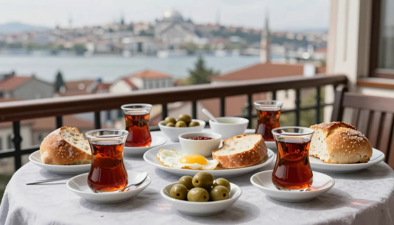 A cozy Turkish breakfast scene with tea, olives, and bread o...