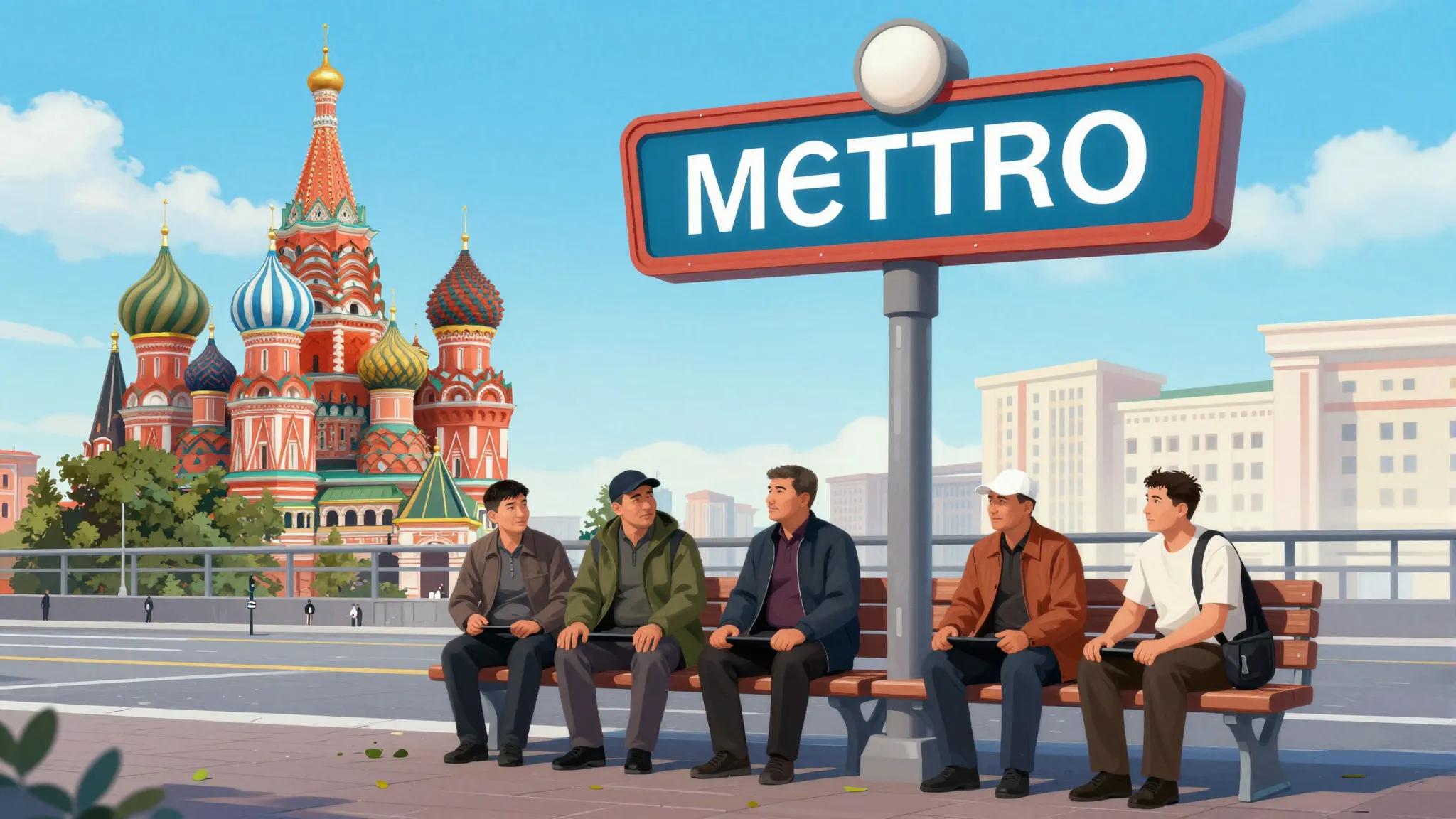 Kyrgyz people working in Moscow, city landscape with metro s...