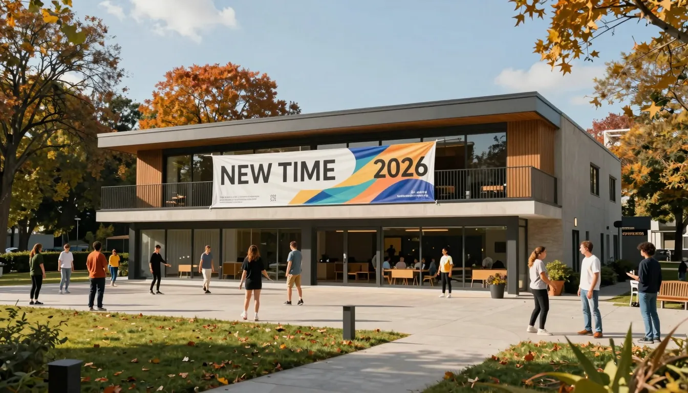A modern community center building with a large banner sayin...