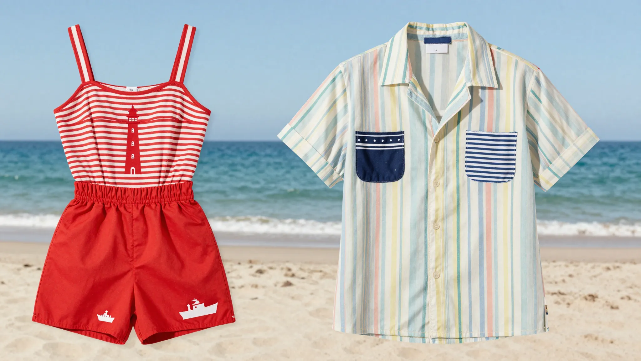 A collage of two 1950s beach outfits. Left: a vintage romper...