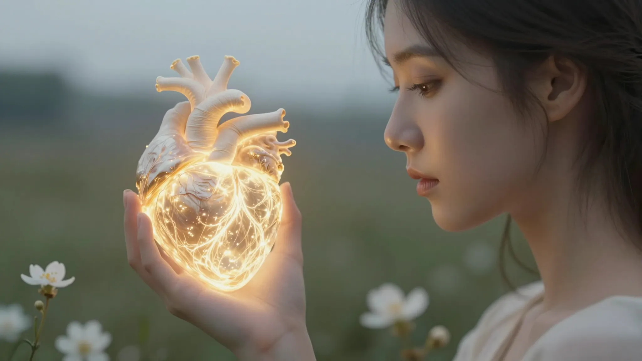 A serene and ethereal portrait of a person with a glowing he...