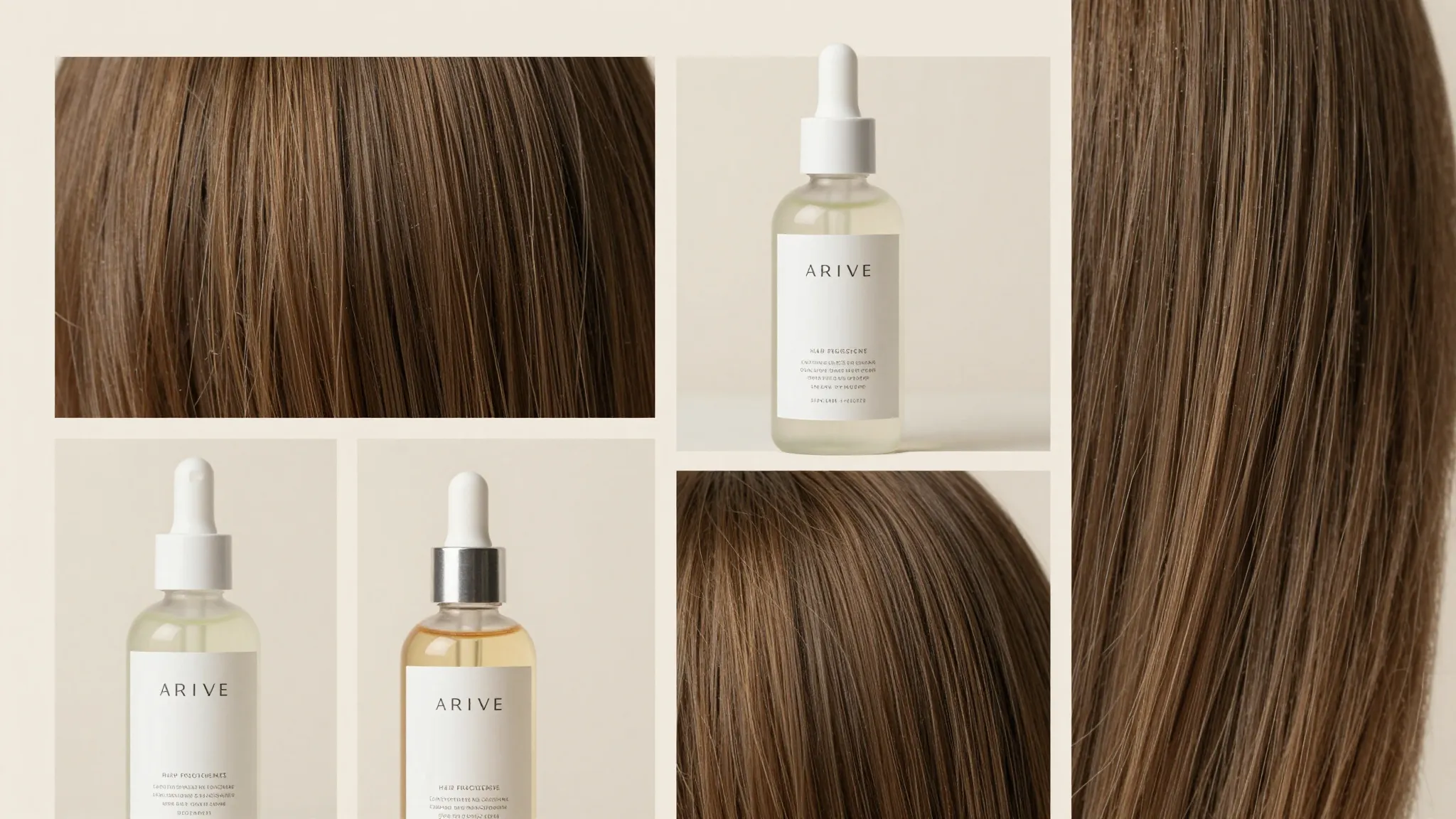 A clean, modern aesthetic moodboard for a hair care brand, f...