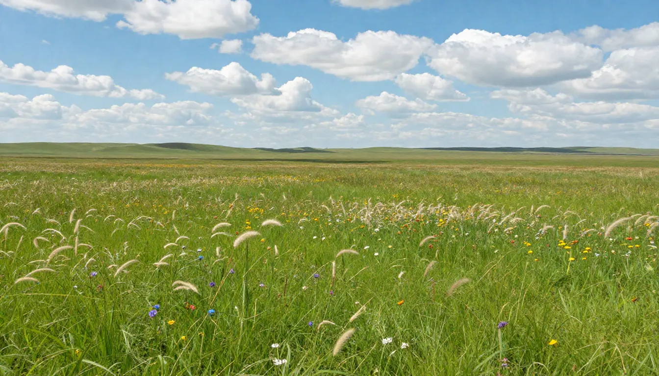 A classic endless green steppe in full bloom, waves of feath...