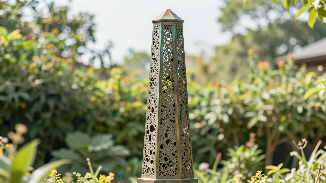 Tall bronze obelisk with intricate lace-like cutouts, hollow...