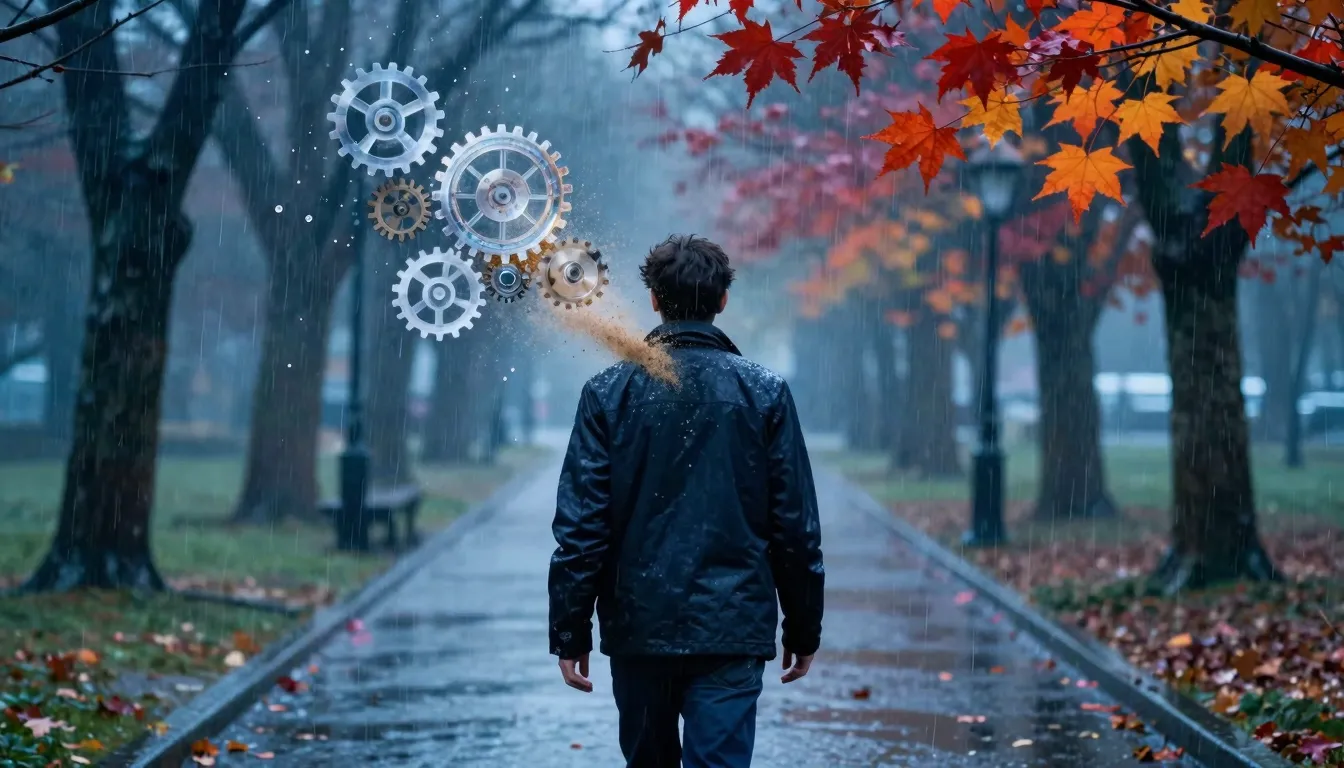 A conceptual shot from behind a person walking into a misty ...