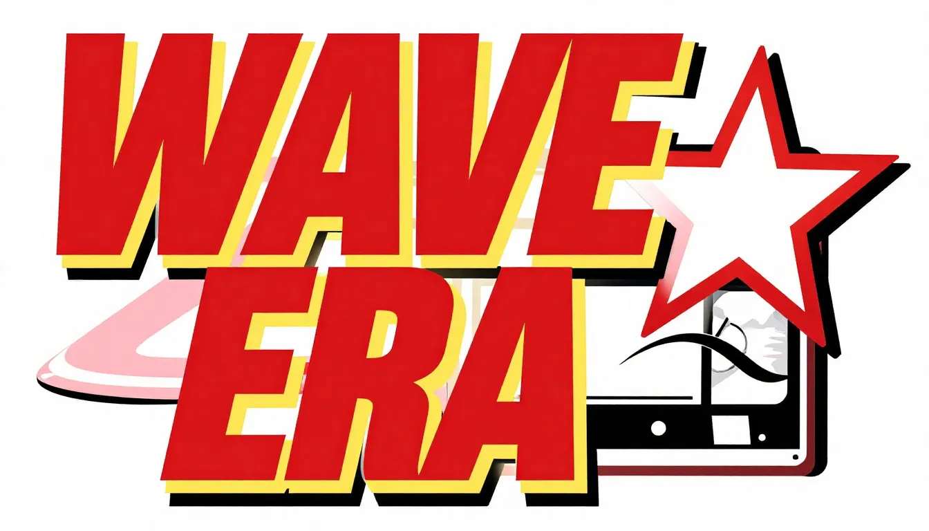 Graphic design of a retro logo, red bold text 'WAVE ERA' wit...