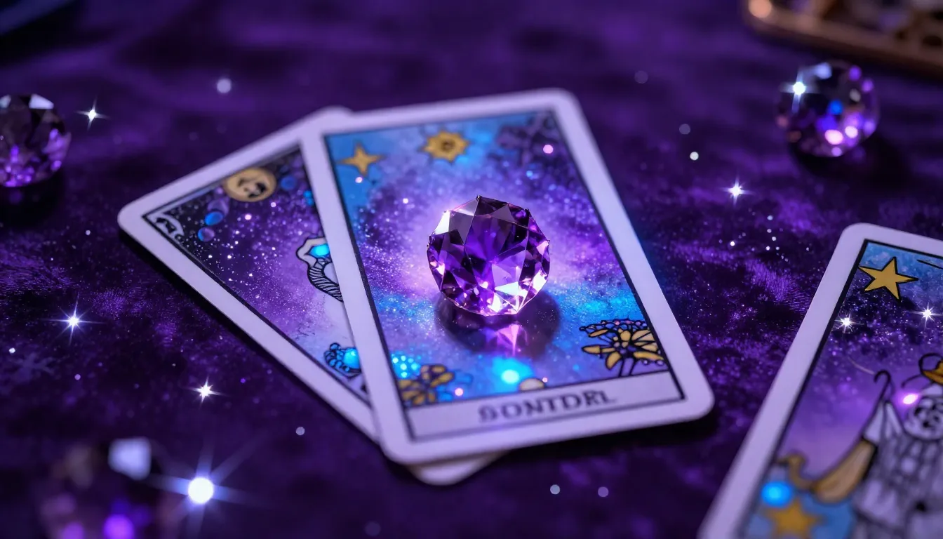 Close-up of tarot cards on purple velvet with cosmic stars. ...