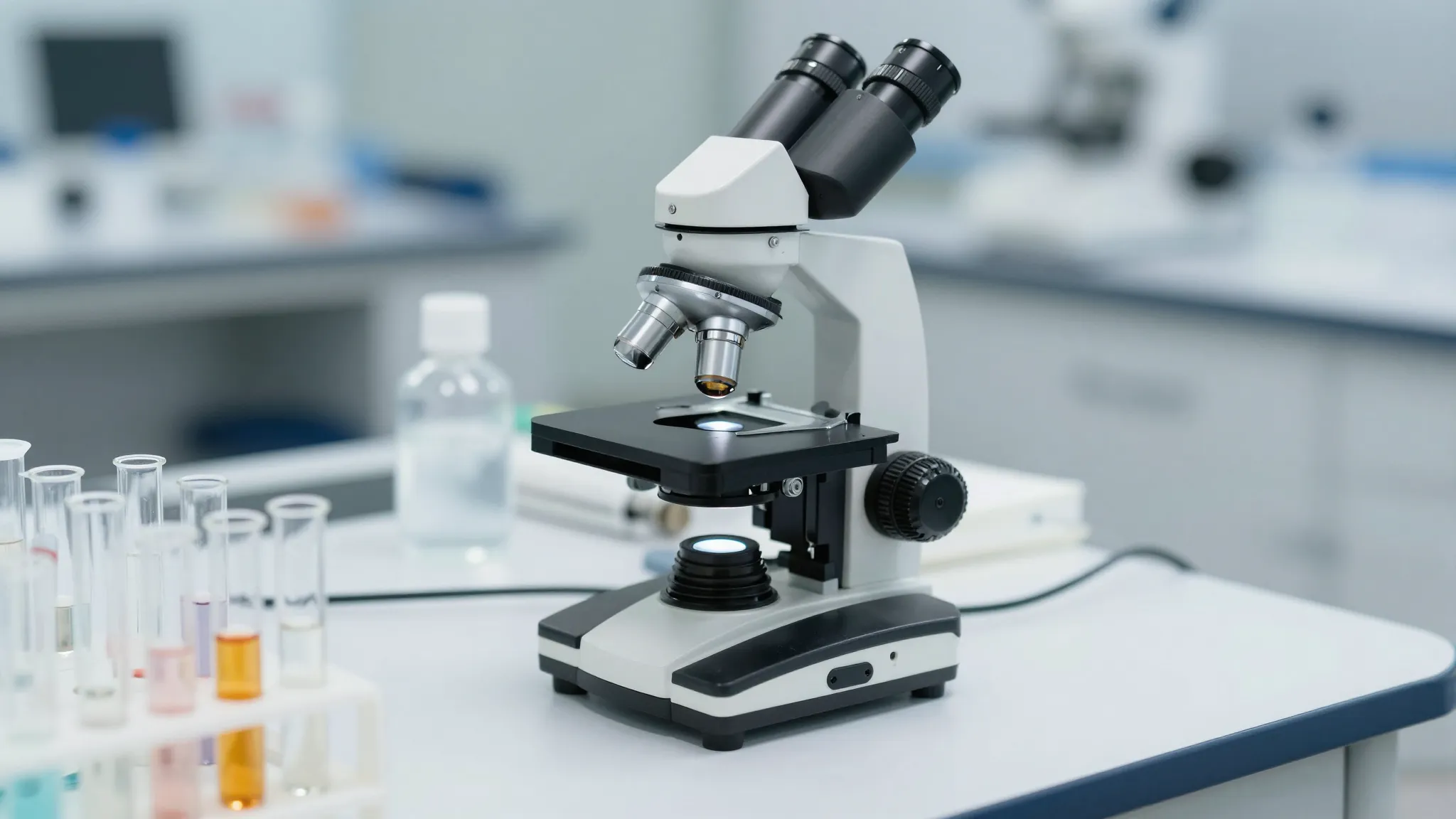 Laboratory test tubes and a microscope on a clean white desk...