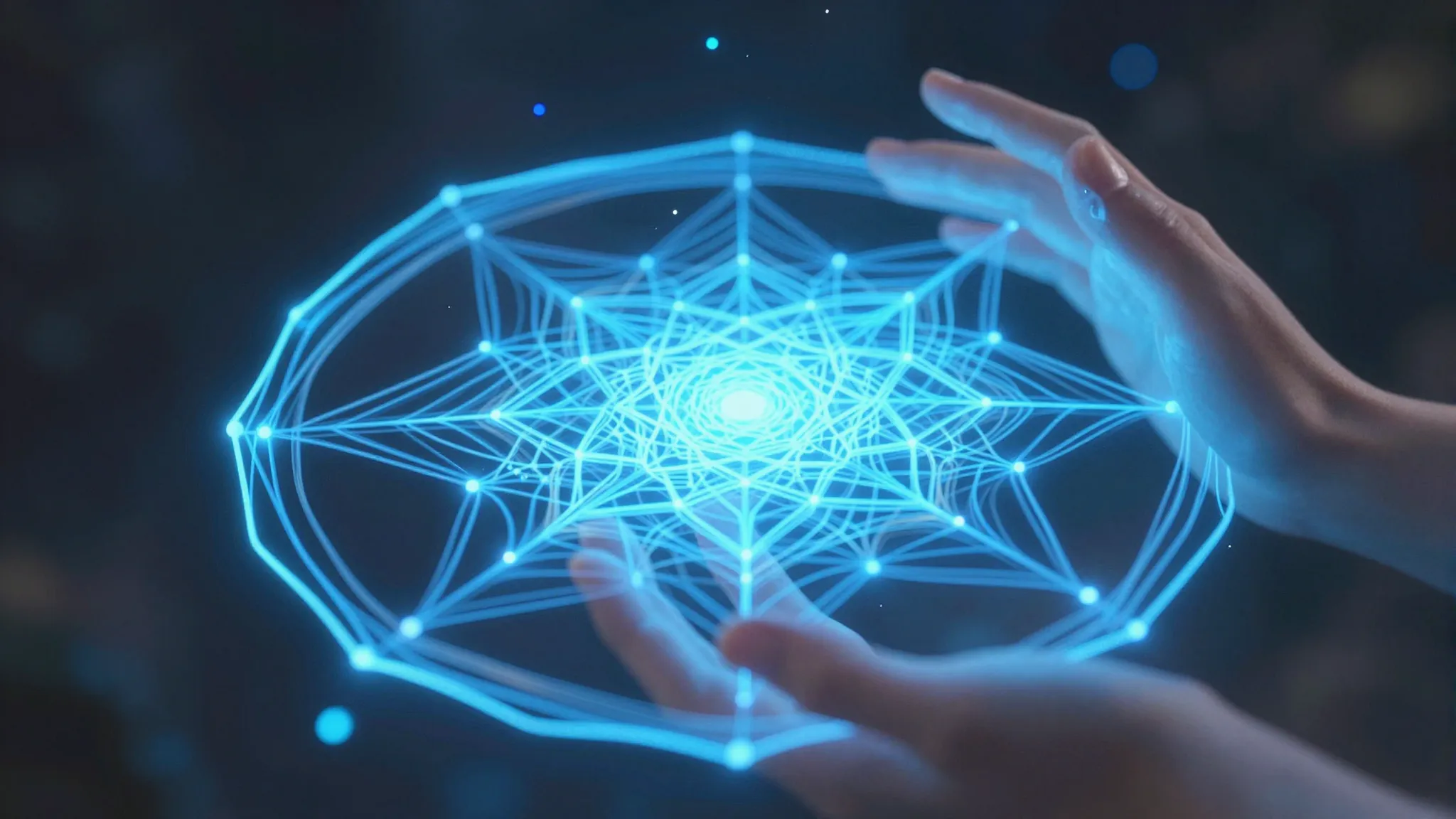 A surreal 3D scene, translucent hands weaving threads of neo...