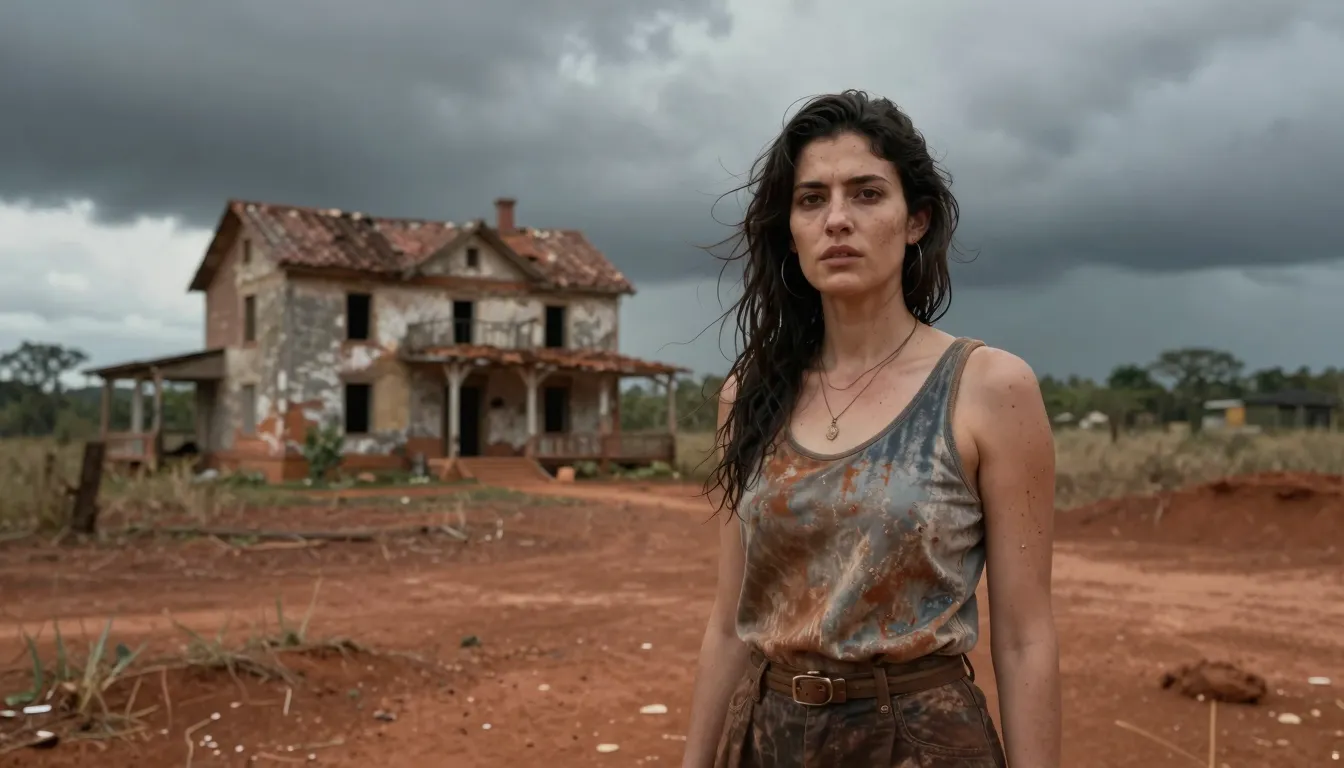 A weathered but beautiful woman with dark hair standing in a...