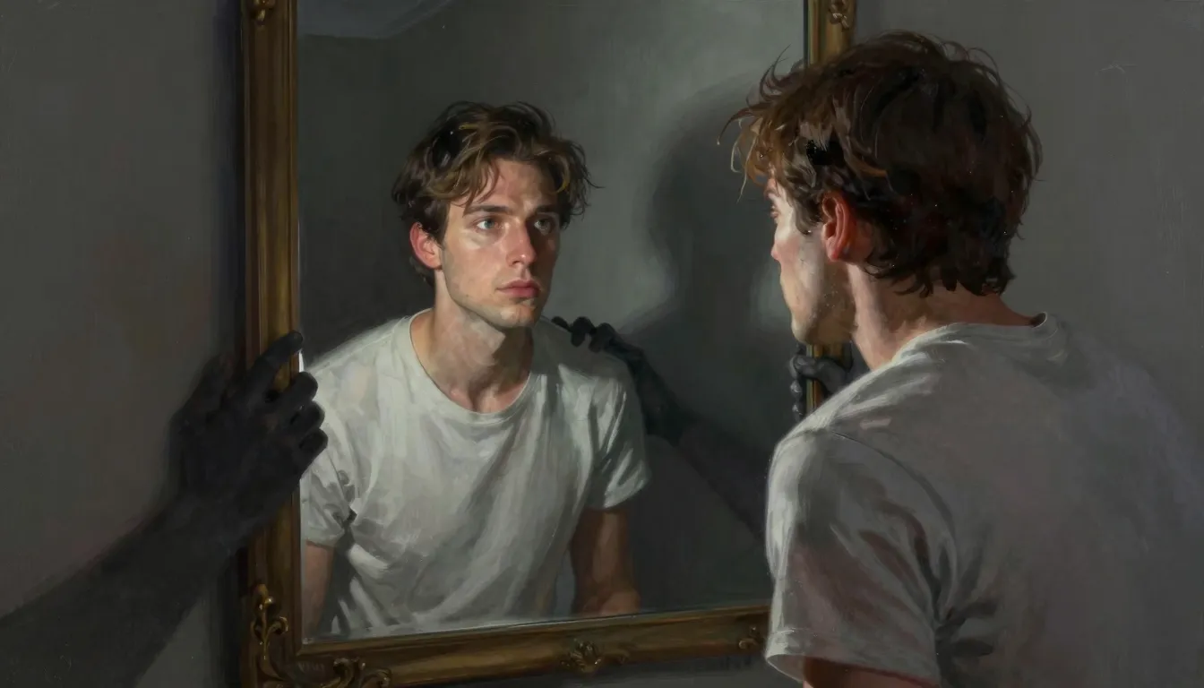 A surreal image of a man looking into a mirror. In the refle...