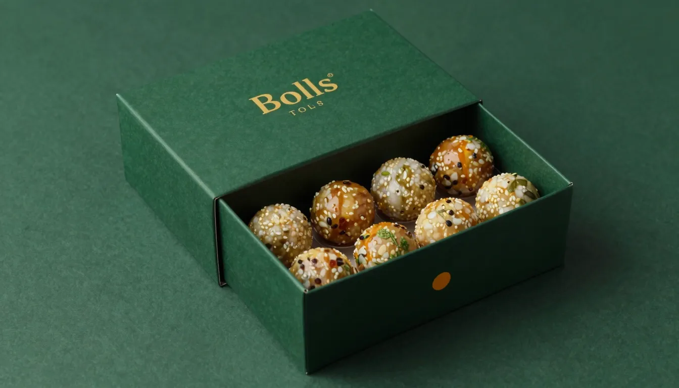 Luxury packaging design for 'Bolls' food spheres. A matte da...