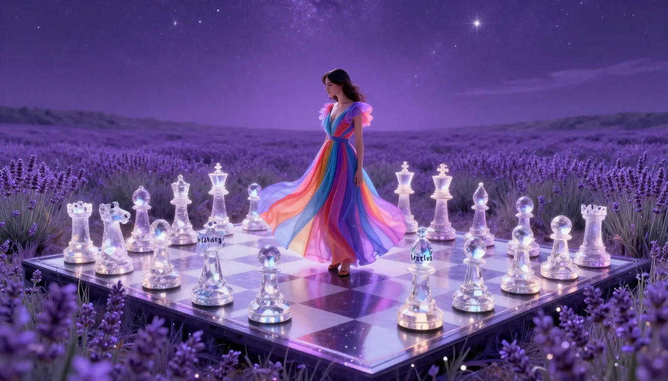 Surreal digital art. A giant chessboard in a field of glowin...