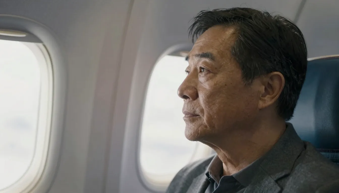 A middle-aged person sitting by an airplane window, looking ...