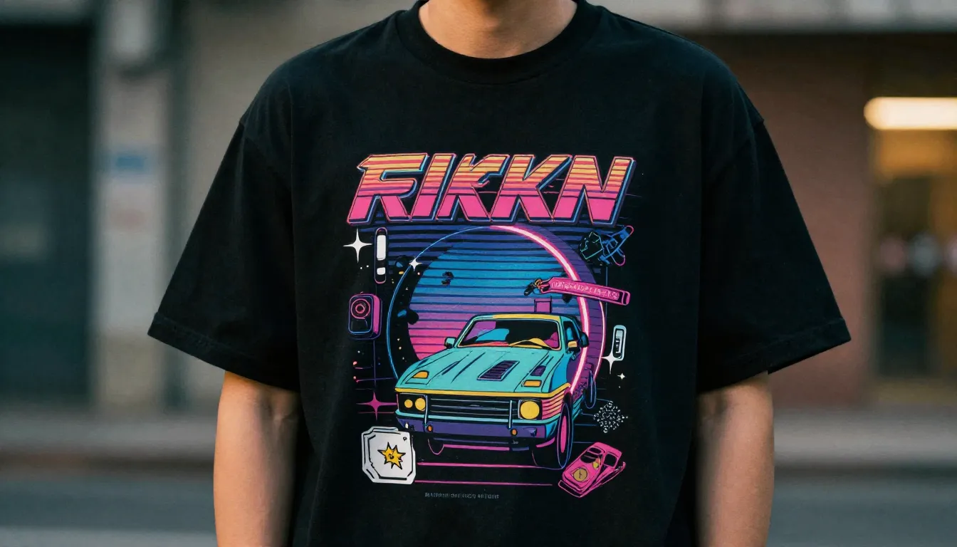 A stylish person wearing a full-print t-shirt with 90s retro...