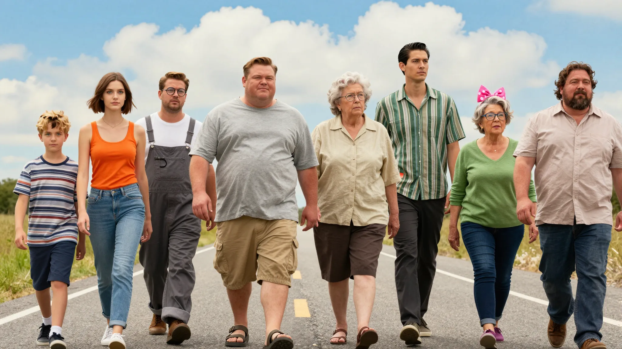 A wide cinematic shot of 8 diverse people walking on a sunny...
