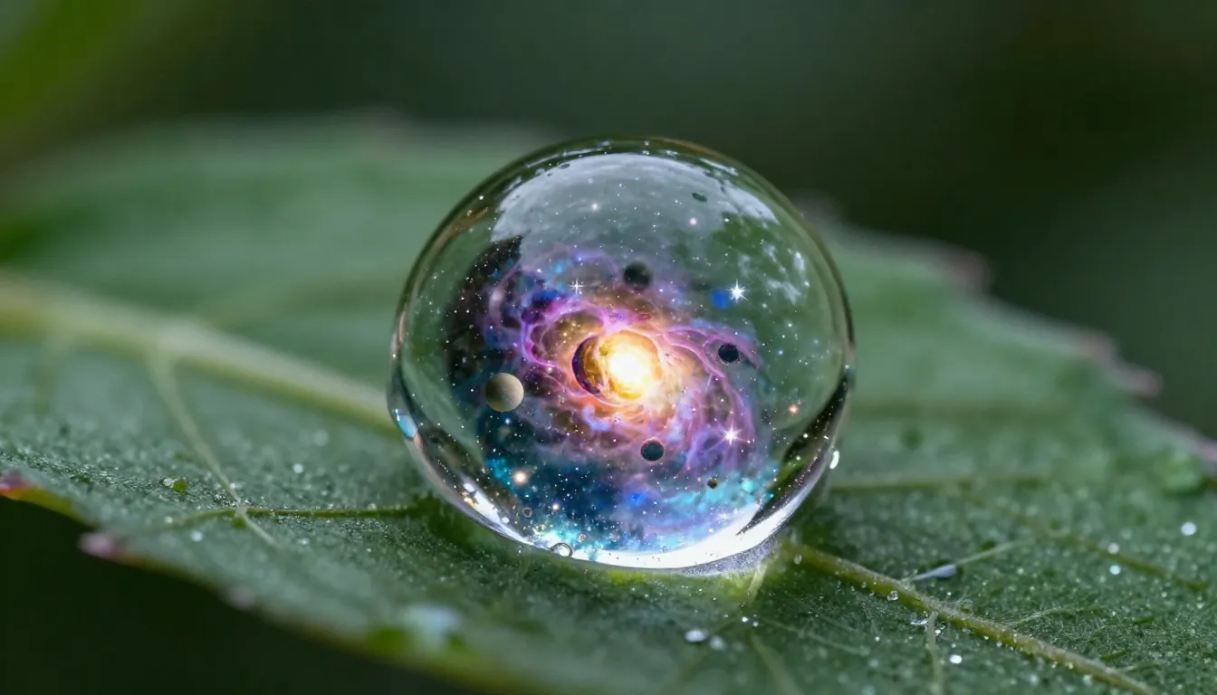 Macro shot of a single dewdrop on a leaf, inside the dewdrop...
