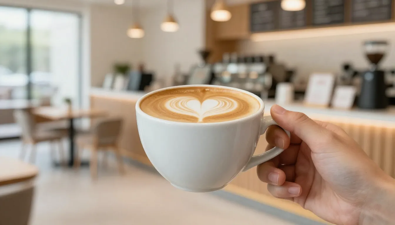 Close up of a hand holding a white ceramic cup of latte with...