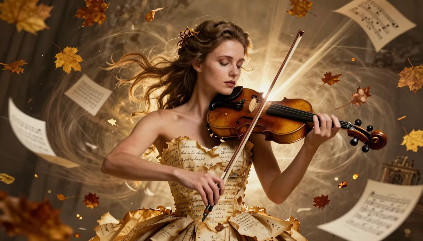 A portrait of a European woman whose dress is made of old pa...