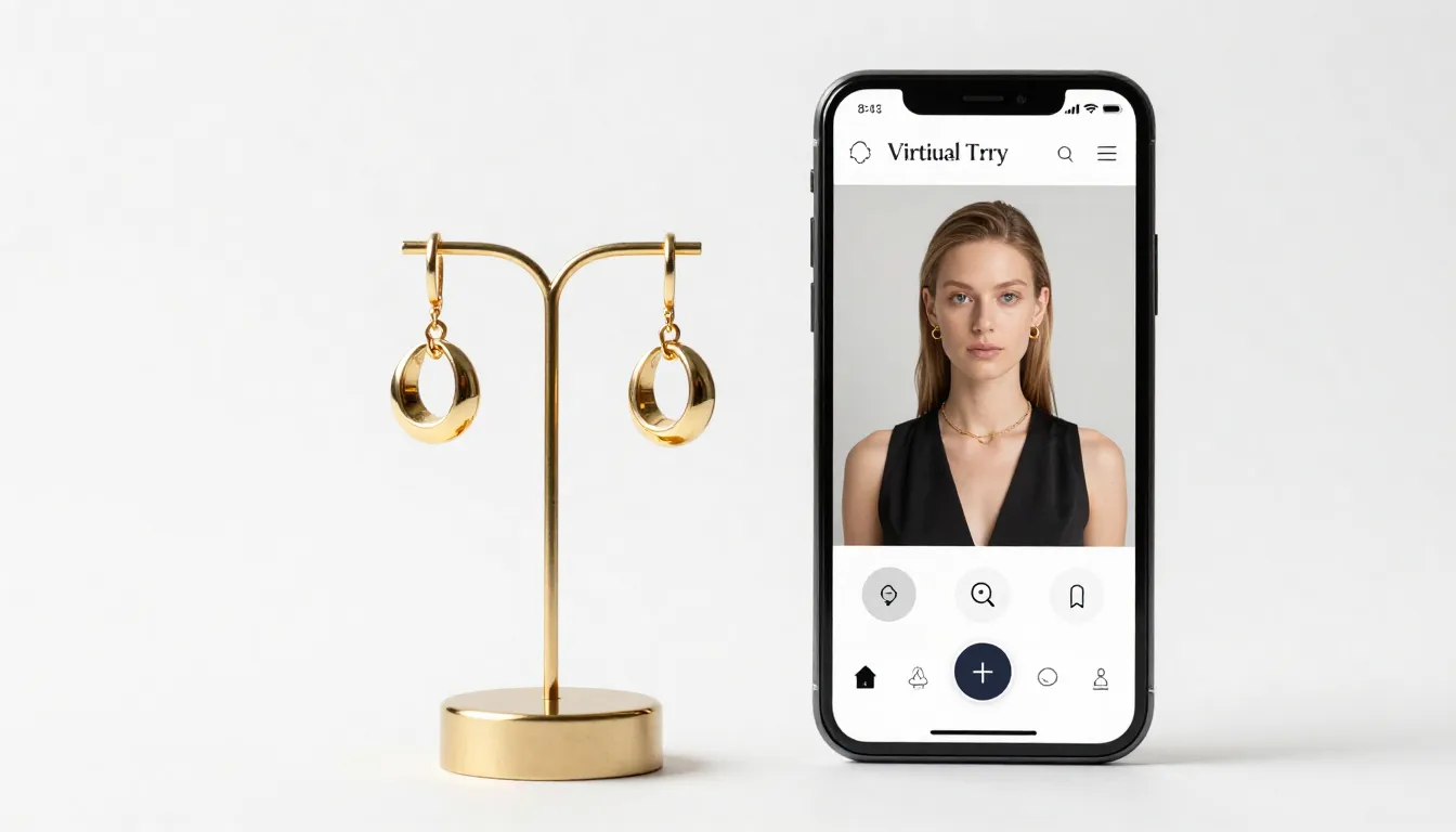 A professional photo of a jewelry display stand with golden ...