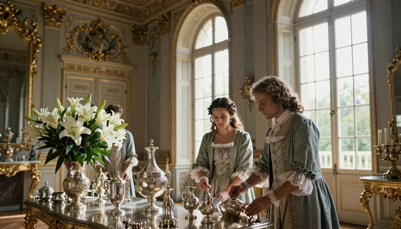 Elegant 17th-century French castle interior, servants in per...
