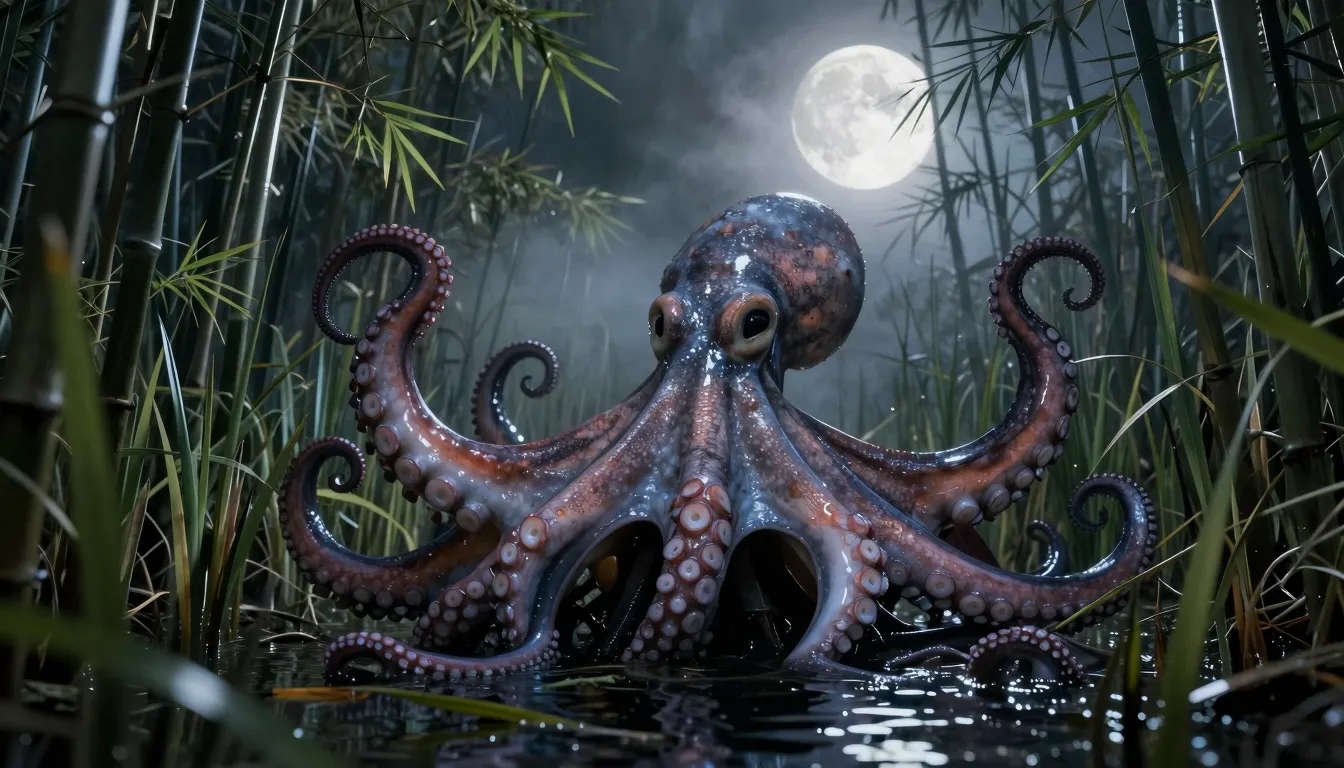 Giant thick octopus tentacles rising from dense swamp reeds ...