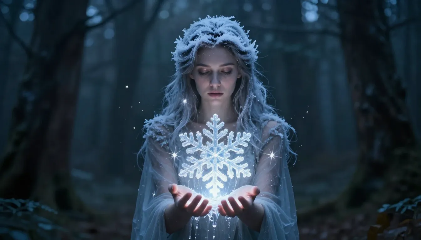 A surreal, fairy-tale scene. A woman with hair made of frost...