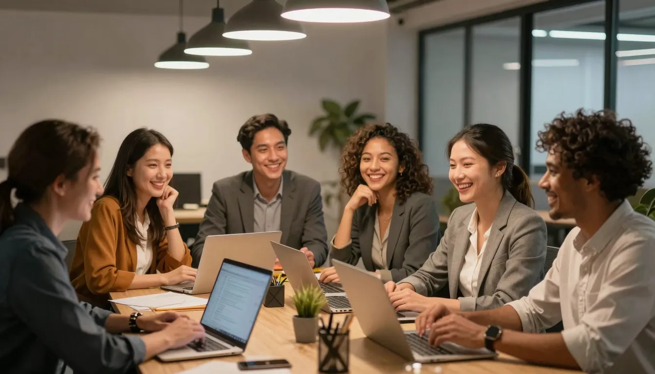 A cozy small office team celebration, a group of diverse pro...
