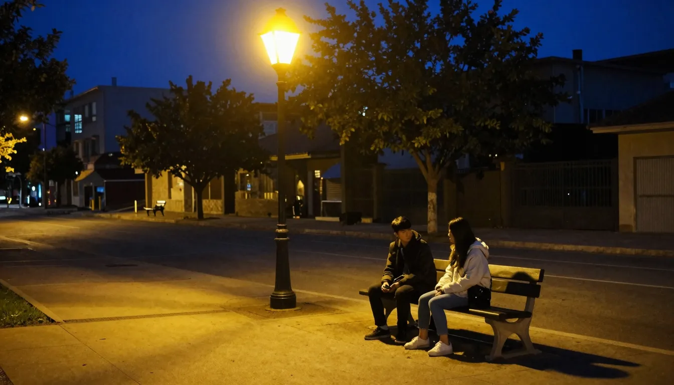 A wide shot of a lonely city street at night. A bright yello...