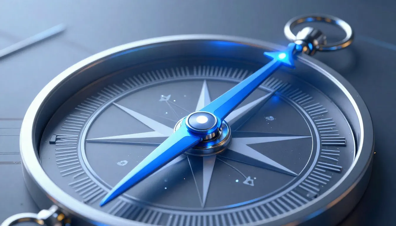 A futuristic blue compass needle pointing towards a bright s...