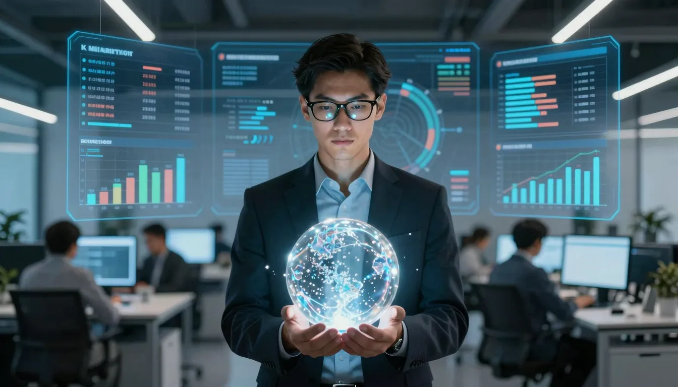 A professional marketing wizard with a crystal ball, standin...
