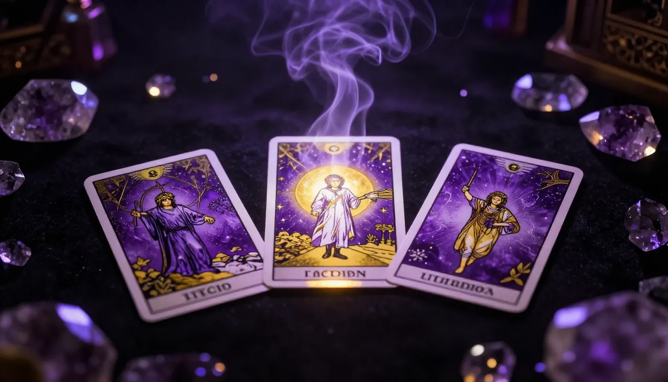 Three mysterious tarot cards lying face down on a black refl...