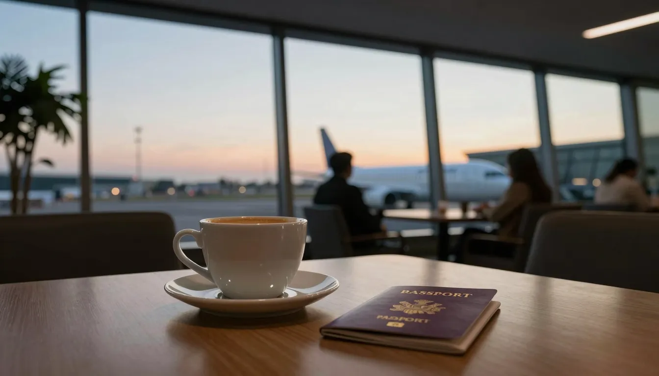 A cozy airport lounge with a large window showing a sunset a...