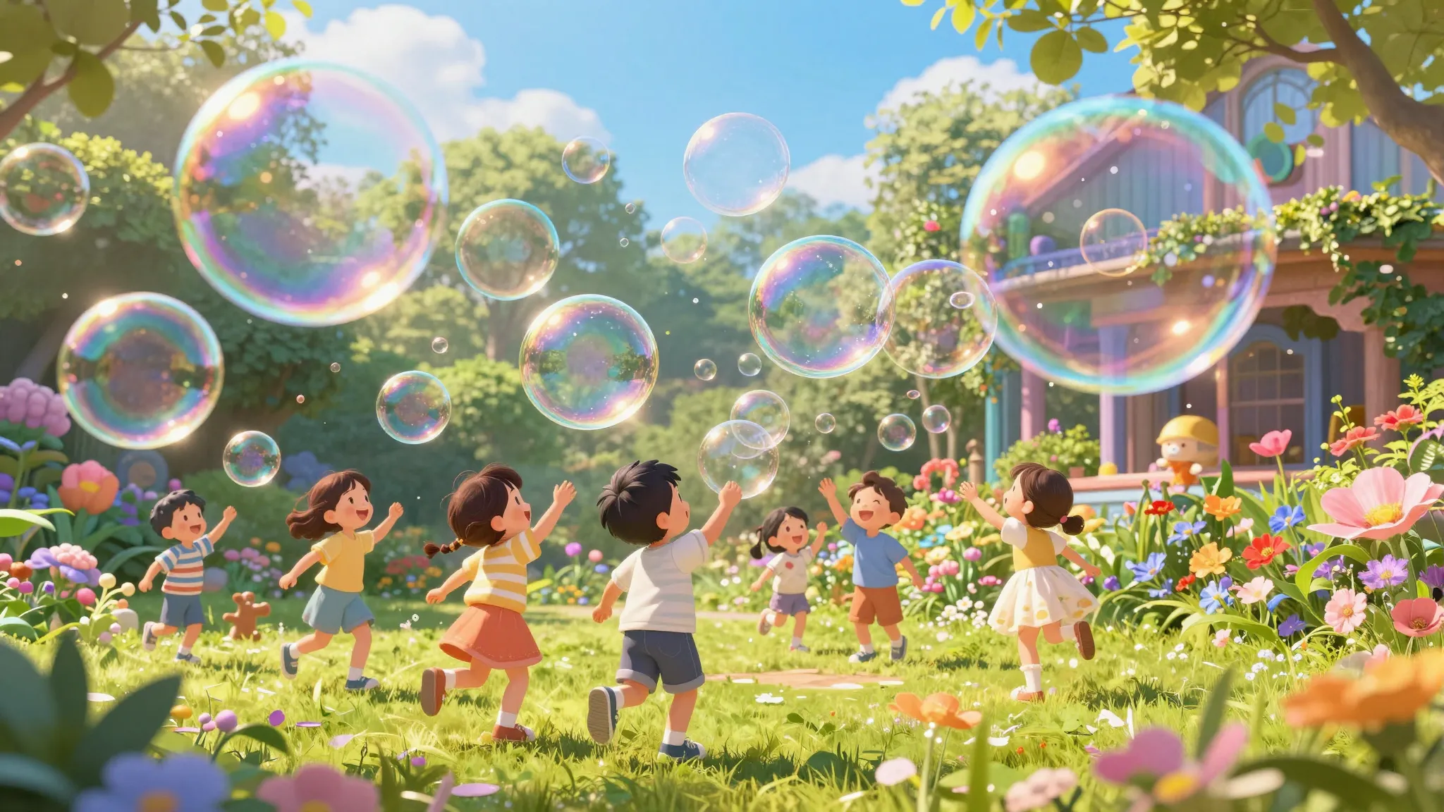 Vibrant and magical cover for a children's soap bubble show,...