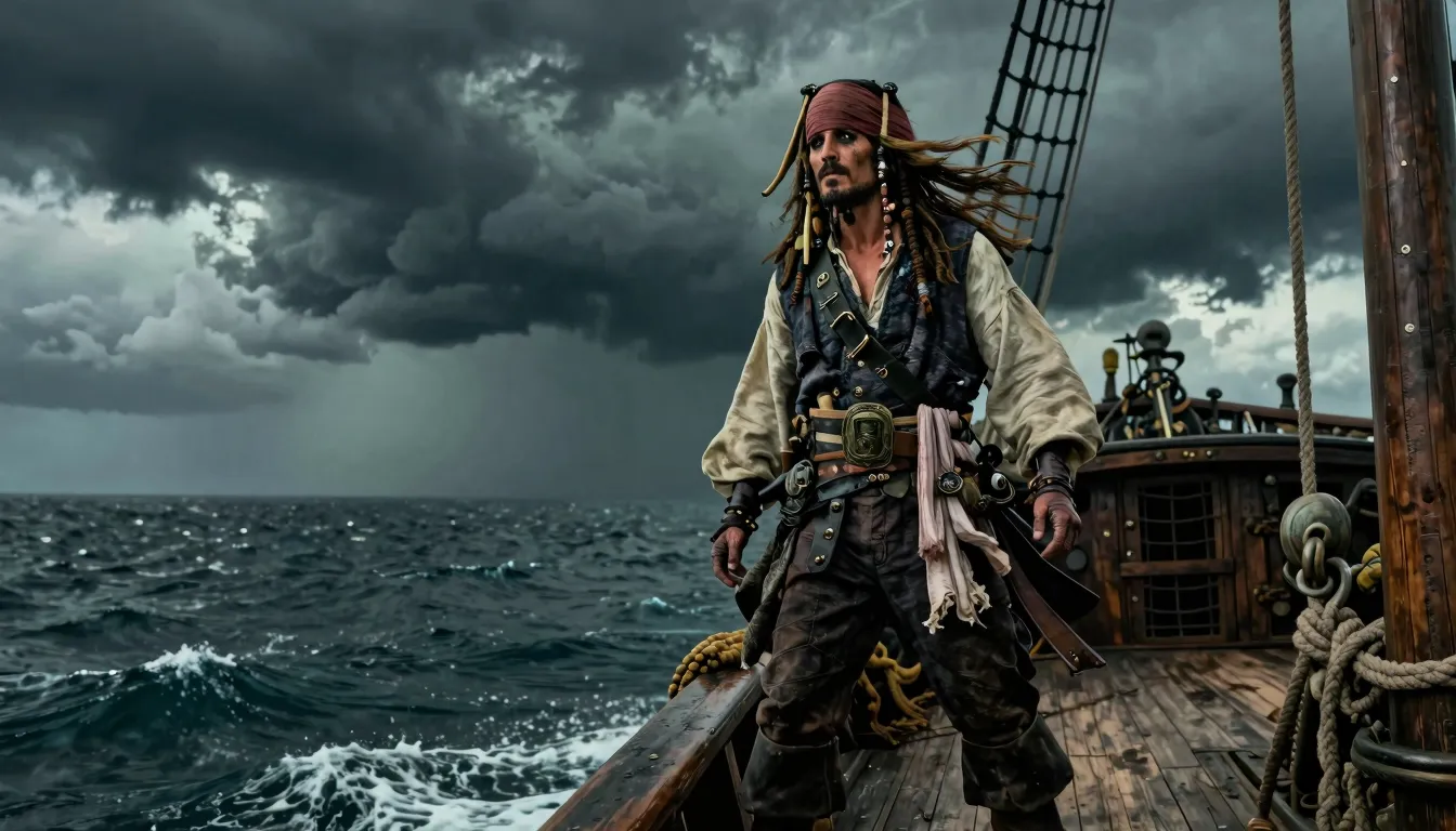 A rugged pirate captain standing on the edge of a wooden shi...