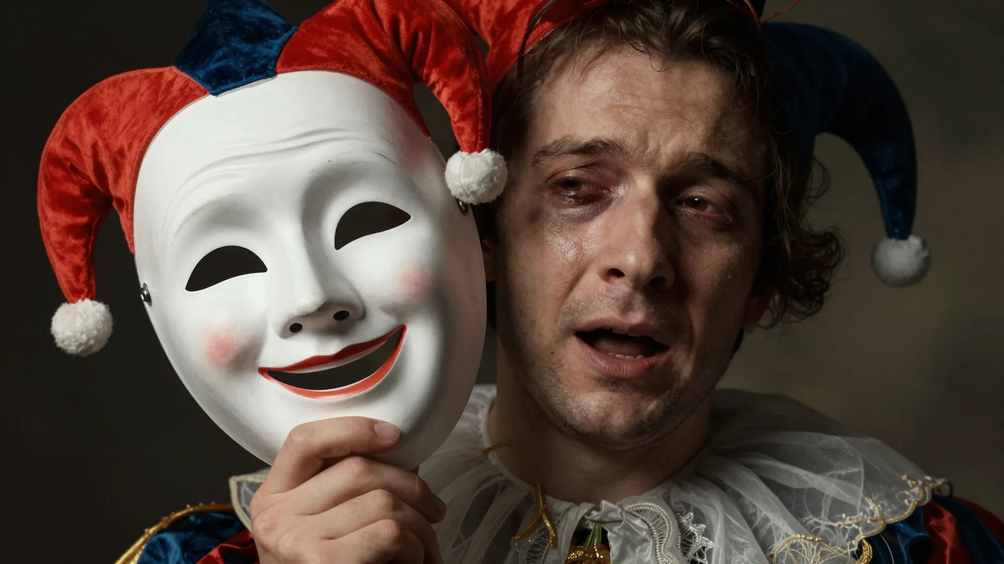 A close-up of a jester's hand holding a smiling mask, while ...