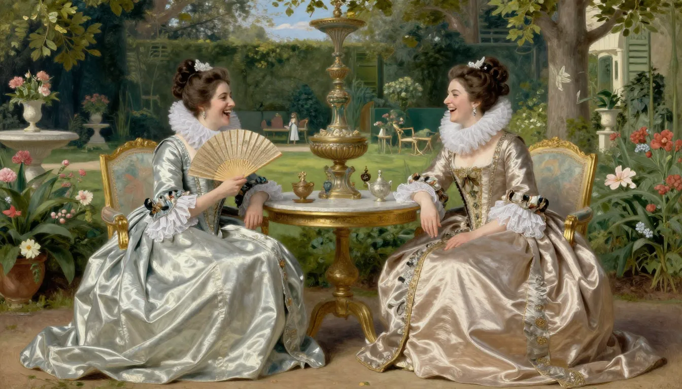 Two elegant noblewomen in 16th-century French silk dresses w...