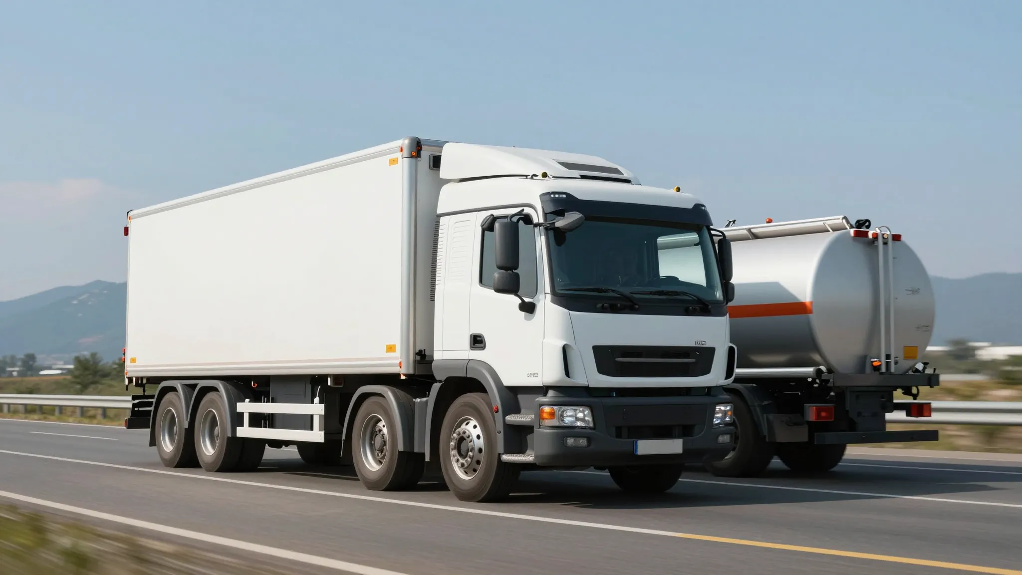 A high-quality commercial photo of a white refrigerated truc...