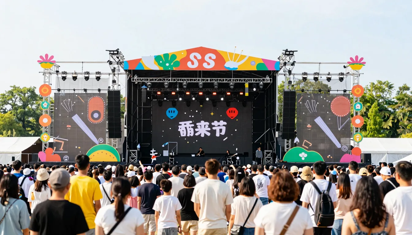 A large outdoor music festival stage with a crowd of familie...
