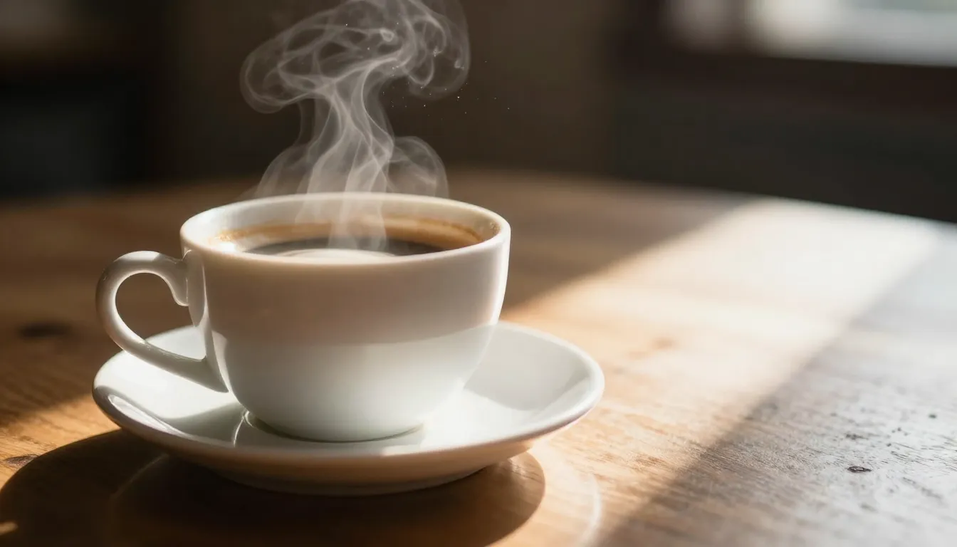 A beautiful, soft-focus close-up of a morning coffee cup on ...