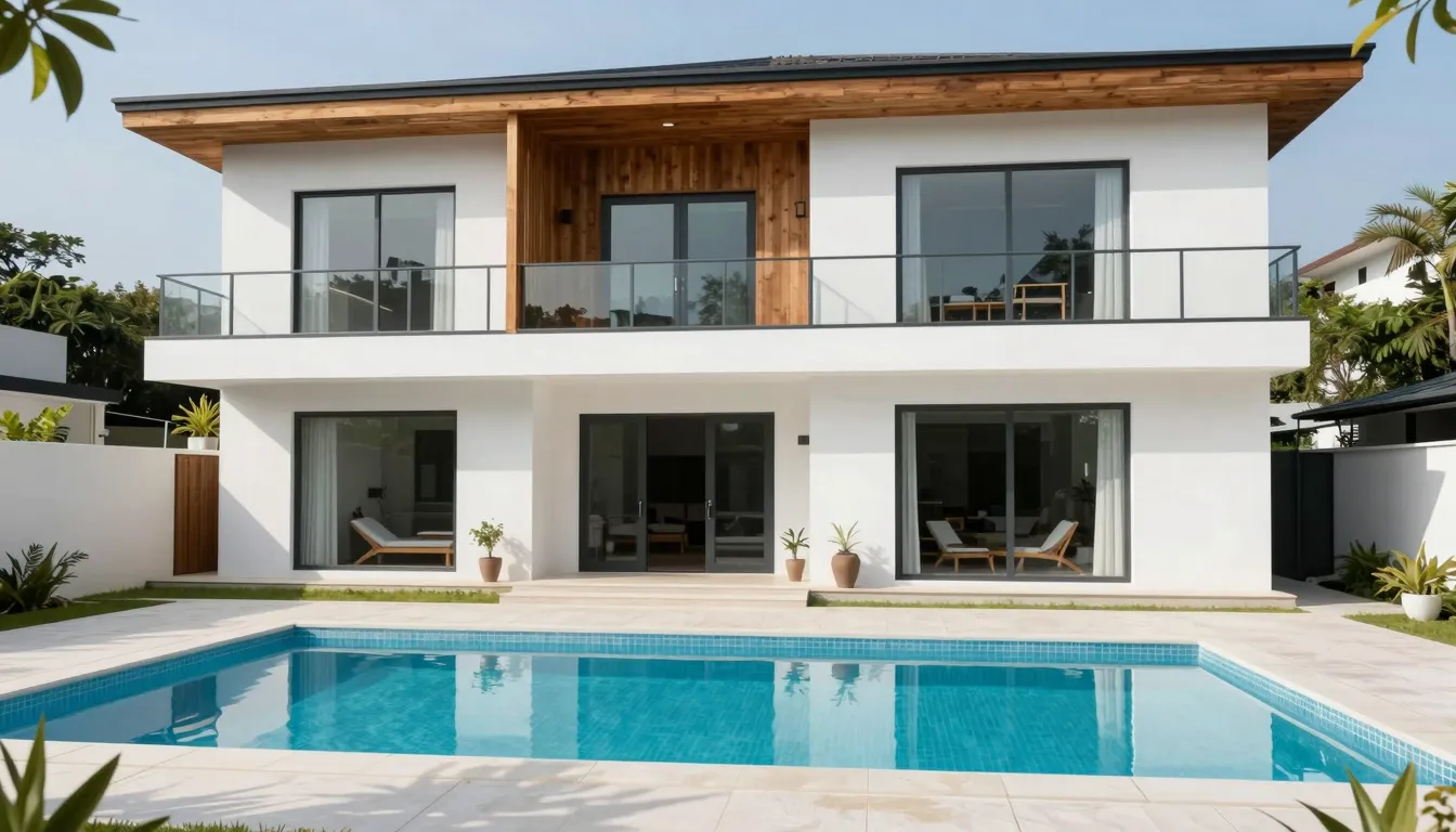 Photorealistic exterior view of a contemporary two-story hou...