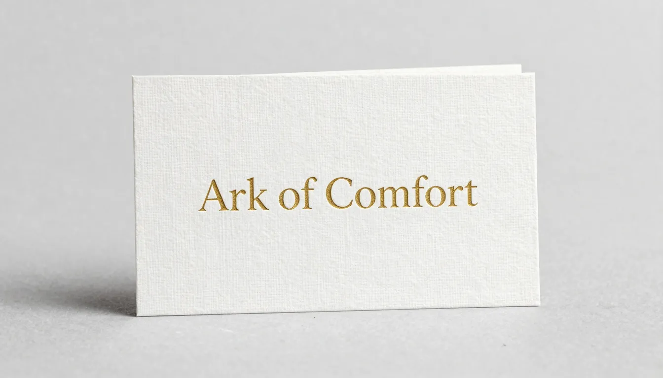 Professional business card design for 'Ark of Comfort'. Fron...
