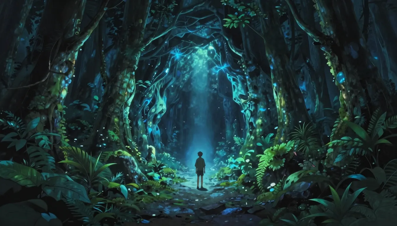 Anime style entrance to a mysterious glowing cave hidden in ...